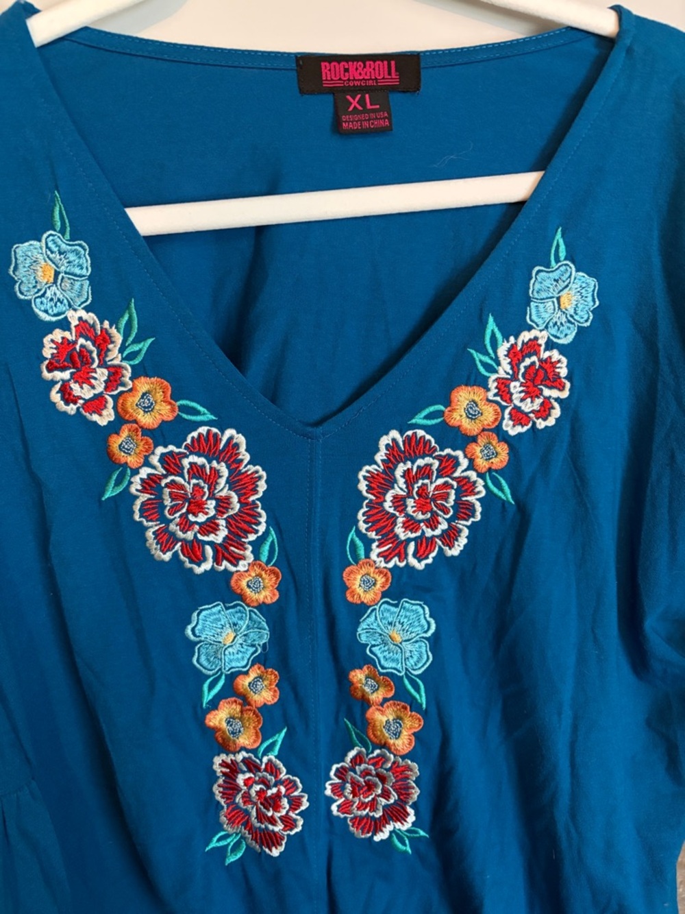 Rock & Roll Cowgirl Teal V-Neck Embroidered Tie-Front Blouse - Picture 2 of 4